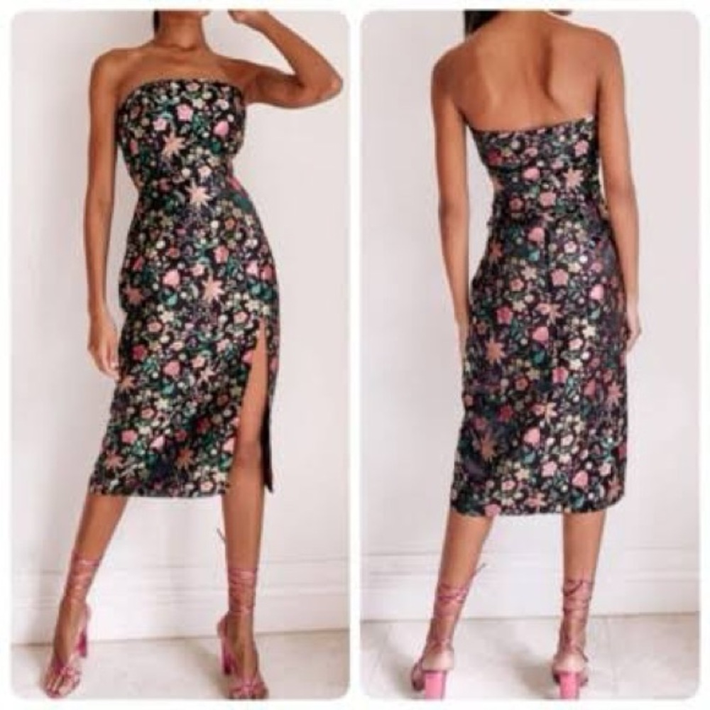 Lulu's Black Strapless Floral Midi Dress with Pink & Green Accents - Picture 3 of 4